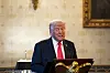 U.S. President Donald Trump speaks during an Easter prayer service and dinner in the Blue Room of the White House in Washington on April 16. [UPI/YONHAP]