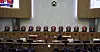 Chief Justice Jo Hee-de and other Supreme Court justices take their seats in the main courtroom of the Supreme Court in Seocho District, southern Seoul, on May 1 ahead of the en banc ruling on Democratic Party presidential candidate Lee Jae-myung’s election law violation case. [JOINT PRESS CORPS]