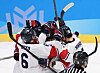 Korean players celebrate after scoring their third goal in the men's bronze medal ice hockey match against China at the Asain Winter Games in Harbin, China on Friday, Feb. 14. [YONHAP]