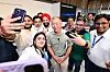 Hyundai Motor Group Executive Chair Euisun Chung takes selfies with employees of Hyundai Motor's Indian subsidiary after a town hall meeting on April 23. [HYUNDAI MOTOR]