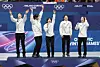Korean short track skaters are seen during the medal ceremony after the team won the 3,000-meter relay final at the 2026 Milan-Cortina Winter Olympics at the Milan Ice Skating Arena in Milan, Italy on Feb. 18. From left, Shim Suk-hee, Noh Do-hee, Lee So-yeon, Kim Gil-li, Choi Min-jeong. [YONHAP]