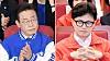 Left: Democratic Party (DP) leader Lee Jae-myung celebrates in the National Assembly in Yeouido, western Seoul, after exit poll results released on Wednesday evening predicted a landslide victory for the DP. Right: People Power Party (PPP) interim leader Han Dong-hoon closes his eyes while watching election coverage in the PPP's situation room inside the legislature. [JOINT PRESS CORPS]