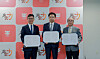 From left: Kim Yu-won, CEO of Naver Cloud; Toshiyuki Iitsuka, mayor of Izumo; and Eiji Watanabe, president of the Izumo City Social Welfare Council, pose for a photo after signing an agreement to introduce Clova CareCall in this undated photo provided by the Korean company. [NAVER]