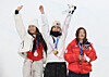 Snowboarder Choi Ga-on, center, celebrates while holding the gold medal during the women’s halfpipe medal ceremony at the 2026 Milan-Cortina Winter Olympics at Livigno Snow Park in Italy on Feb. 12. From left are silver medalist Chloe Kim of the United States, Choi and bronze medalist Mitsuki Ono of Japan. [NEWS1]