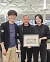 Naver founder and Global Investment Officer Lee Hae-jin, far left, and CEO Choi Soo-yeon, far right, pose with Nvidia CEO Jensen Huang at Nvidia’s headquarters in California on June 25, 2024. [YONHAP]