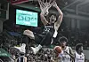 Yeo Jun-seok dunks with both hands during a friendly against Qatar at the 2025 men’s national basketball team tune-up hosted by Hana Bank at Anyang Jung Kwan Jang Arena in Gyeonggi on July 20. [YONHAP]