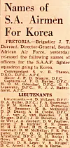 Names of first pilots dispatched to the Korean War, published in a newspaper in South Africa on Aug. 28, 1950. [SOUTH AFRICAN KOREAN WAR VETERANS ASSOCIATION]