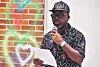 Derrick Adams speaks during a news conference for his first Korean solo exhibition ″The Strip″ at the APMA Cabinet in central Seoul on Sept. 2. [YONHAP]