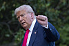 U.S. President Donald Trump pumps his fist as he walks from Marine One after arriving on the South Lawn of the White House on July 15 in Washington. [AP/YONHAP]