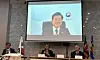 Unification Minister Chung Dong-young delivers a speech through video at the World Korea Forum at the University of Nairobi in the Kenyan capital on Aug. 6. [YONHAP]