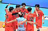 Busan OK Savings Bank OKman celebrate during a Korea Volleyball Federation Cup match against the Cheonan Hyundai Capital Skywalkers at Jinnam Gymnasium in Yeosu, South Jeolla on Sept. 13. [KOVO]
