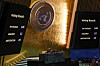 The results of the United Nations General Assembly vote on a draft resolution are displayed on screens during an emergency session at the UN headquarters in New York City on June 12. [REUTERS/YONHAP]