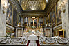 Pope Leo XIV prays in the Sanctuary of the Madre del Buon Consiglio (Mother of Good Counsel) in Genazzano, near Rome, where he made a surprise visit two days after his election on May 10. [AP/YONHAP]