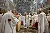 Newly elected Pope Leo XIV, center, leaves after concelebrating Mass with the College of Cardinals inside the Sistine Chapel at the Vatican the day after his election as 267th pontiff of the Roman Catholic Church, Friday, May 9. [AP/YONHAP]