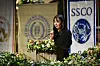 Nobel laureate in literature Han Kang speaks during the Nobel Banquet at City Hall in Stockholm, Sweden, on Dec. 10. [AP/YONHAP]
