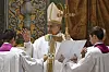 Newly elected Pope Leo XIV concelebrates Mass with the College of Cardinals inside the Sistine Chapel at the Vatican the day after his election as 267th pontiff of the Roman Catholic Church, Friday, May 9. [AP/YONHAP]