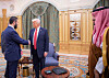 In this photo provided by the Saudi Royal Palace, Syria's interim President Ahmad al-Sharaa, left, shakes hands with U.S. President Donald Trump in Riyadh, Saudi Arabia on May 14. [AP/YONHAP]