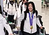 Speed skater Lee Na-hyun is seen arriving at Incheon International Airport, returing from the Harbin Winter Asian Games, on Feb. 12, 2025. [NEWS1]