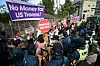 Members of a civic group shout slogans urging the cessation of 'humiliating negotiations' over the 12th Special Measures Agreement between Korea and the United States near the Seoul Campus of the Korea National Defense University in Yongsan District, central Seoul, where the meeting is being held, on July 10. [NEWS1]