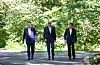 Korean President Yoon Suk Yeol, left, U.S. President Joe Biden, center, and former Japanese Prime Minister Fumio Kishida walk together toward a joint press conference at Camp David, the U.S. presidential retreat near Washington, on Aug. 18, 2023. [YONHAP]