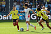 Korean midfielder Ji So-yun, center, dribbles during a a 2023 FIFA Women's World Cup match against Colombia at Sydney Football Stadium in Sydney, Australia, on July 25, 2023. [YONHAP]