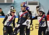 Korean skaters celebrate after winning the mixed team relay final at the International Skating Union Short Track World Tour at Mokdong Ice Rink in western Seoul on Dec. 15. [YONHAP]