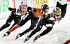 Park Ji-won, right, competes during the men's 1000-meter final at the International Skating Union Short Track World Tour at Mokdong Ice Rink in western Seoul on Dec. 15. [NEWS1]