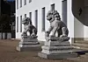 A pair of stone lion statues stands in front of Bohwagak at Kansong Art Museum in Seongbuk District, central Seoul. [NATIONAL MUSEUM OF KOREA]