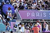 Snoop Dogg attends a women's beach volleyball match between the United States and France in Paris on Wednesday. [AP/YONHAP]