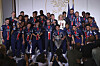 Paris Saint-Germain midfielder Lee Kang-in, third from left in the back row, joins the Champions League winning celebration with French President Emmanuel Macron, center left and his wife Brigitte Macron at the Elysee Palace in Paris on June 1. [AP/YONHAP]