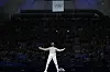 France's Bolade Apithy celebrates after a point in the men's sabre team bronze medal bout between Iran and France at the Grand Palais in Paris on Wednesday. [AFP/YONHAP]