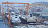 Vessels are docked at Hanwha Ocean's shipyard in Geoje, South Gyeongsang, on Nov. 27, 2025. [YONHAP]