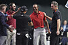 Tiger Woods, second from right, of the Jupiter Links Golf Club reacts after a TGL match against the Los Angeles Golf Club in Palm Beach Gardens, Florida on Jan. 14. [AP/YONHAP]