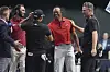 Tiger Woods, second from right, of the Jupiter Links Golf Club reacts after a TGL match against the Los Angeles Golf Club in Palm Beach Gardens, Florida on Jan. 14. [AP/YONHAP]