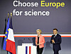 French President Emmanuel Macron, right, and European Commission President Ursula Von der Leyen arrive to attend the ″Choose Europe for Science″ conference in the amphitheatre of the Sorbonne University in Paris on May 5. [AFP/YONHAP]