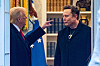 U.S. President Donald Trump and Elon Musk speak in the Oval Office before departing the White House in Washington on the way to Trump's residence at Mar-a-Lago in Palm Beach, Florida on March 14. [AFP/YONHAP]