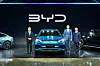 From left, Cho In-chul, managing director of the passenger vehicle division at BYD Korea, Liu Xueliang, general manager of BYD's Asia-Pacific auto sales division, and BYD Korea President Ding Hai Miao pose for a photo with newly launched Atto 3 at a media event in Incheon on Jan. 16. [BYD KOREA]