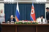 In this photo released by Russian Foreign Ministry Press Service, Russian Foreign Minister Sergey Lavrov, left, and North Korean Foreign Minister Choe Son-hui, right, attend a signing ceremony following their talks in Wonsan, North Korea, on July 12. [AP/YONHAP]