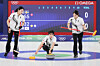 Seol Ye-eun of Korea, center, delivers a stone between teammates Kim Min-ji, left, and Kim Su-ji during the team's round-robin match against Sweden in the women's curling tournament at the Winter Olympics at Cortina Curling Olympic Stadium in Cortina d'Ampezzo, Italy, on Feb. 18, 2026.  [YONHAP]