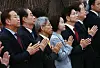 Presidential candidates, including independent candidate Han Duck-soo, second from left, People Power Party candidate Kim Moon-soo, second from right, and Democratic Party candidate Lee Jae-myung, right, pray at an event celebrating Buddha's Birthday at Jogye Temple in Jongno District, central Seoul, on May 5. [NEWS1]