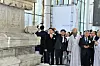 Choi Eung-chon, head of Korea Heritage Service, second from left, looks at the Stupa of State Preceptor Jigwang on Tuesday as it gets unveiled to the public for the first time at its original location in Beopcheon Temple in Wonju, Gangwon. [KOREA HERITAGE SERVICE]