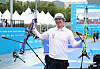 Choi Yong-hee of Korea celebrates after winning the bronze medal in the men's individual compound event at the World Archery Championships at the May 18 Democracy Plaza in Gwangju on Sept. 8. [YONHAP]