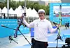 Choi Yong-hee of Korea celebrates after winning the bronze medal in the men's individual compound event at the World Archery Championships at the May 18 Democracy Plaza in Gwangju on Sept. 8. [YONHAP]
