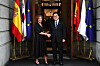 National Assembly Speaker Woo Won-shik, right, shakes hands with Francina Armengol, president of the Congress of Deputies of Spain, prior to their talks in Madrid on Oct. 23. [YONHAP]