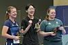 Korea's Yang Ji-in, center, France's Camille Jedrezejewski and Hungary's Veronika Major celebrate after the women's 25-meter pistol final at the 2024 Paris Olympics on Saturday in Chateauroux, France. [AP/YONHAP]
