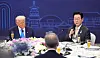 President Lee Jae Myung, right, and U.S. President Donald Trump, left, are seen during a special dinner hosted by Lee at Hilton Hotel in Gyeongju on Oct. 29. [JOINT PRESS CORPS]