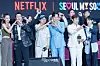 The cast of the third season of “Squid Game” (2021-) during a fan event for the release of the third season of “Squid Game” at Seoul Plaza in central Seoul on June 28. [DANIELA GONZALEZ PEREZ]