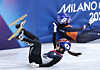 Korea’s Kim Gil-li collides with a Dutch skater after finishing first in her heat to advance to the quarterfinals of the women’s 1,000-meter at the Milan Ice Skating Arena during the Milan-Cortina 2026 Winter Olympics in Milan on Feb. 14. [NEWS1]