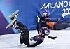 Korea’s Kim Gil-li collides with a Dutch skater after finishing first in her heat to advance to the quarterfinals of the women’s 1,000-meter at the Milan Ice Skating Arena during the Milan-Cortina 2026 Winter Olympics in Milan on Feb. 14. [NEWS1]