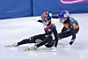 Korea’s Kim Gil-li collides with a Dutch skater after finishing first in her heat to advance to the quarterfinals of the women’s 1,000-meter at the Milan Ice Skating Arena during the Milan-Cortina 2026 Winter Olympics in Milan on Feb. 14. [NEWS1]